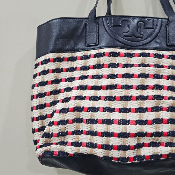 Tory Burch Raffia Woven Straw Leather Tote Bag Multicolor Picnic Beach Casual - Picture 4 of 16
